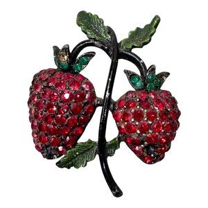 Vintage Signed Weiss Rhinestone Double Strawberry Fruit Cluster Crystals Brooch